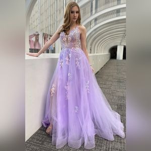 Rose pink or purple lilac sequin tulle long leg slit lace up open back dress